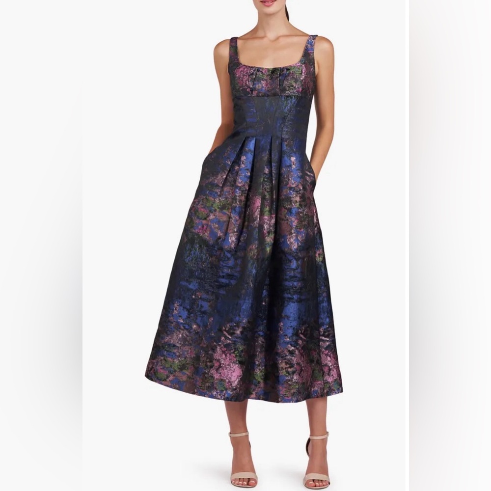 Kay Unger Navy Floral Jacquard Midi Dress with Pink Accents